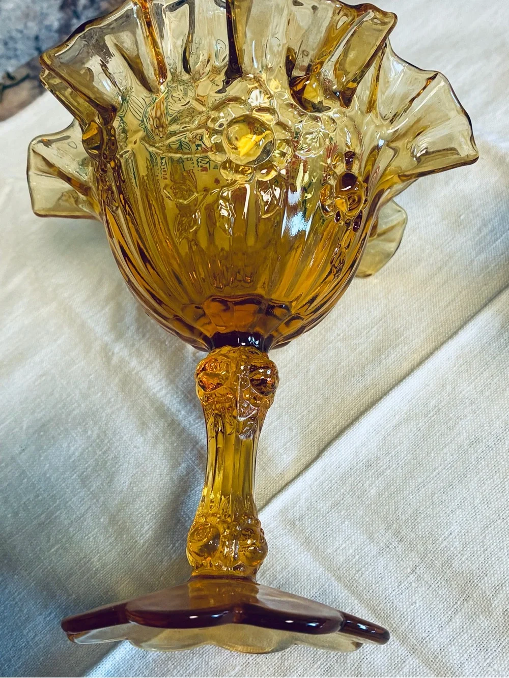 Amber Ruffled Hobnail Compote and Vase - Set